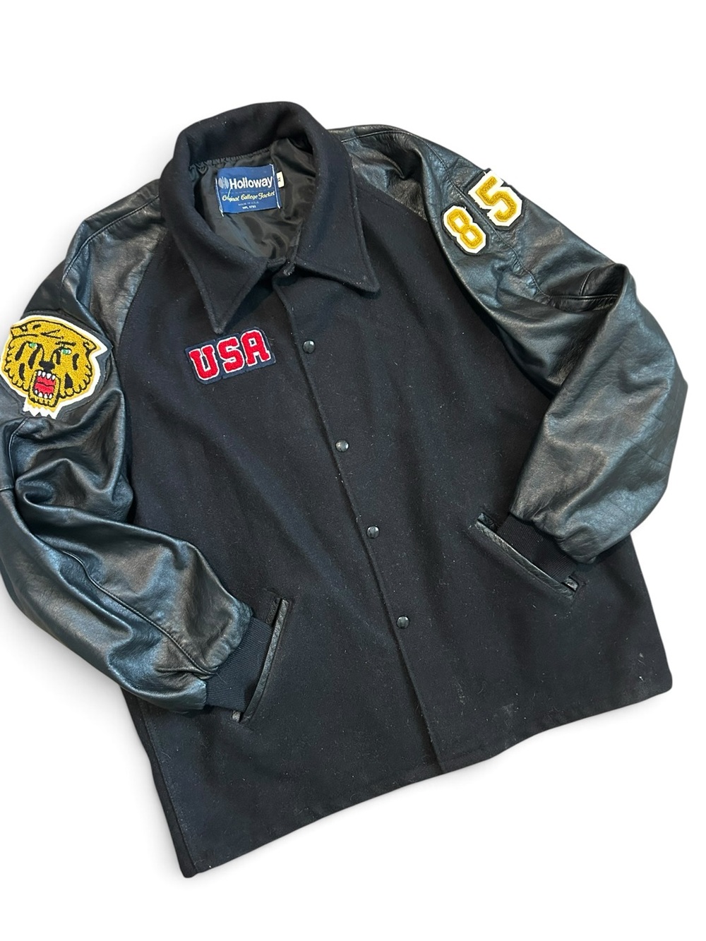 1970s Vintage Holloway Black Varsity USA Wool & Leather Jacket